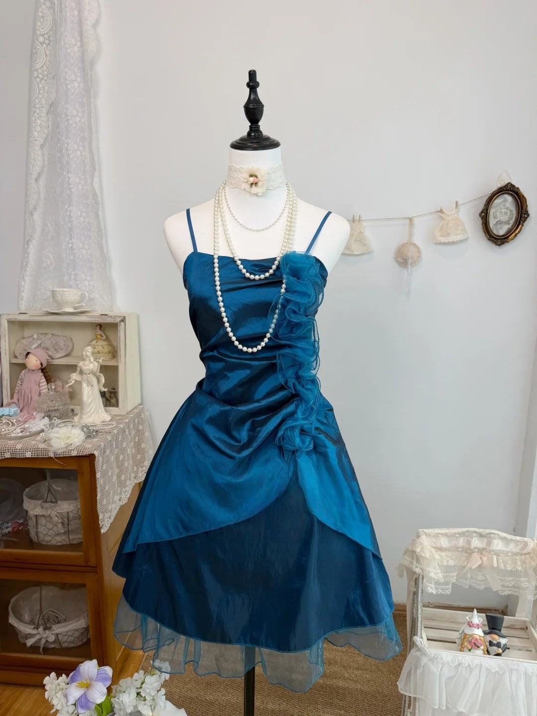 Spaghetti Strap Navy Blue Taffeta A Line Homecoming Dress J10324