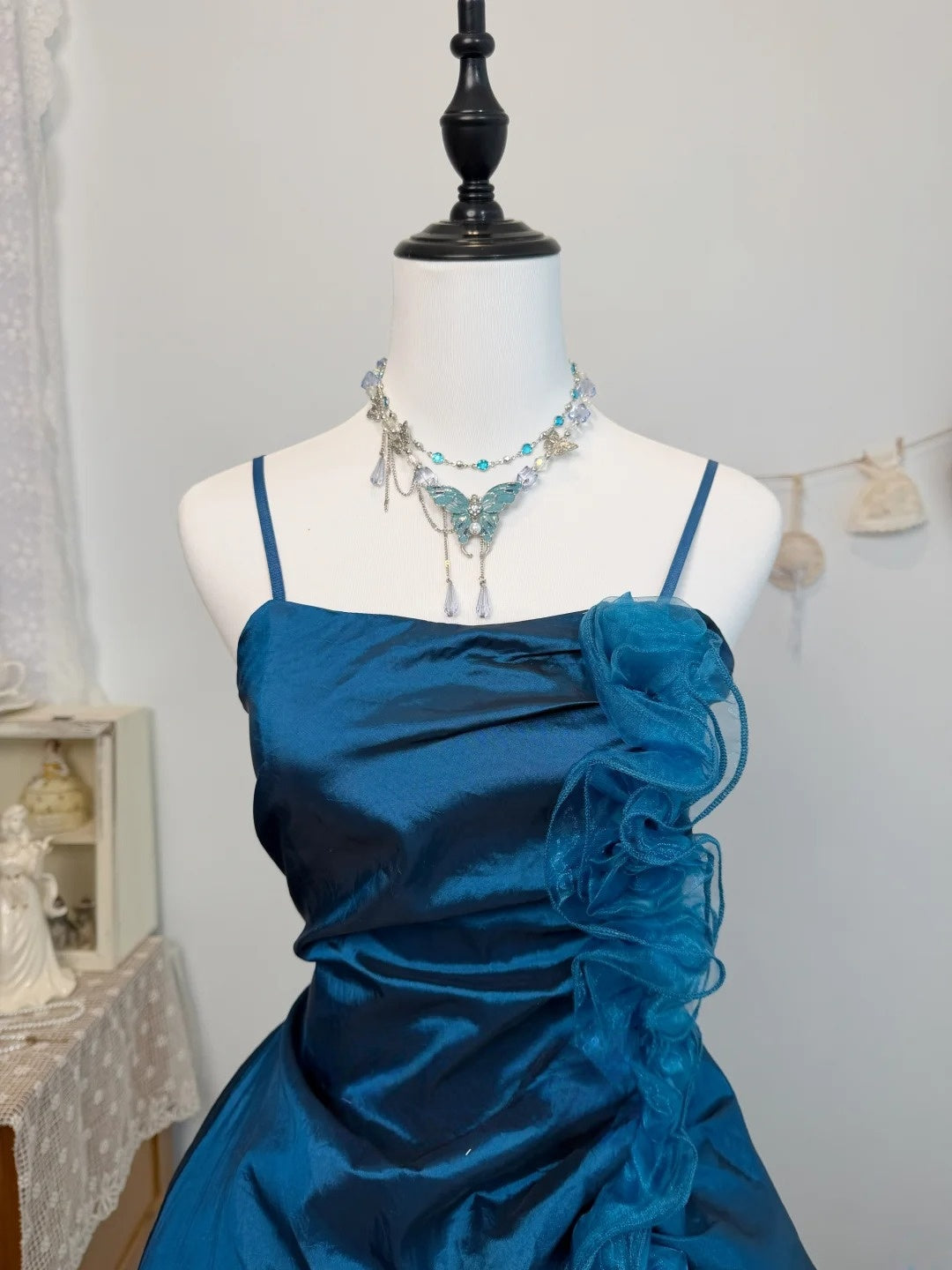 Spaghetti Strap Navy Blue Taffeta A Line Homecoming Dress J10324