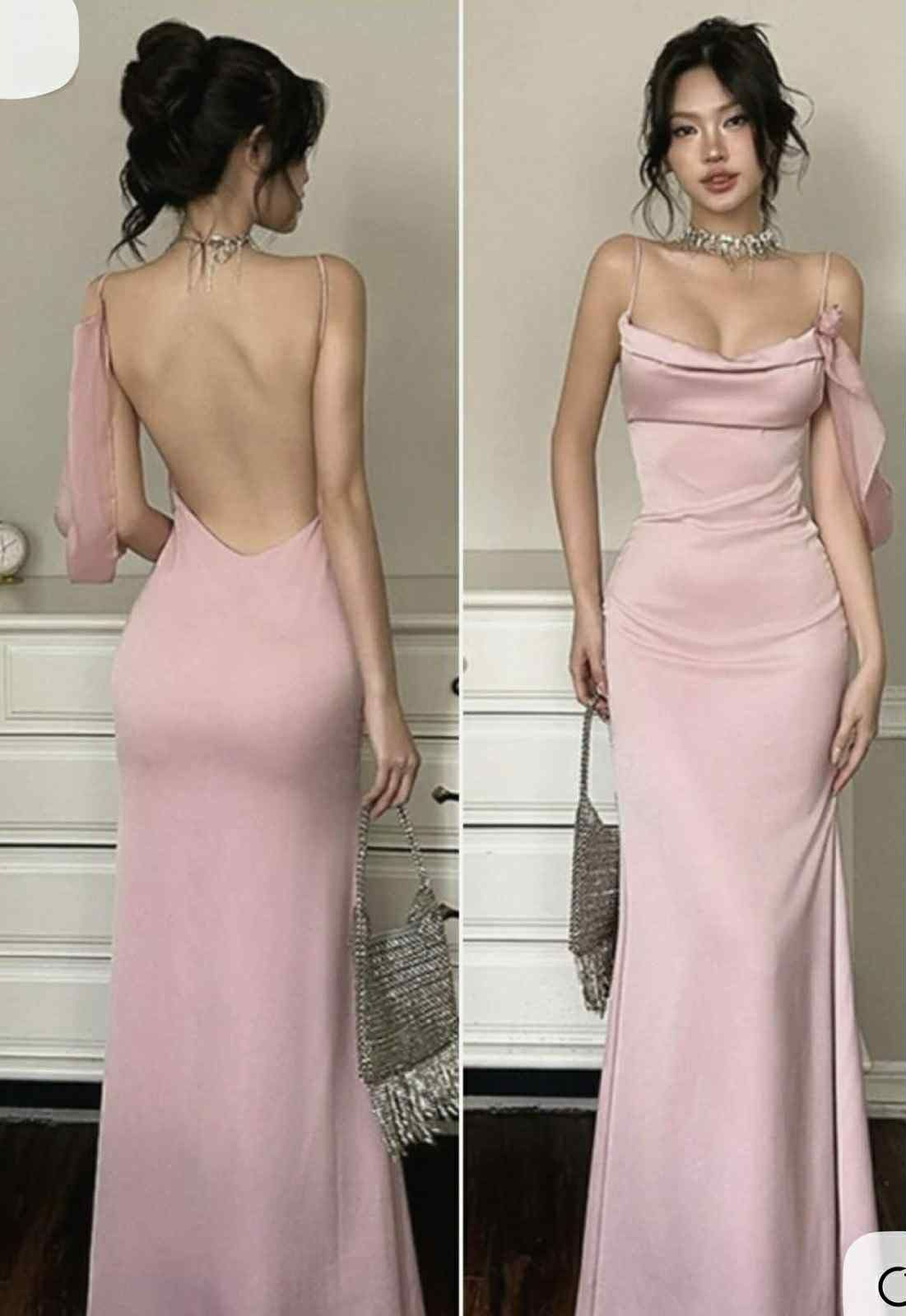 Spaghetti Strap Open Back Pink Mermaid Prom Dress J9962