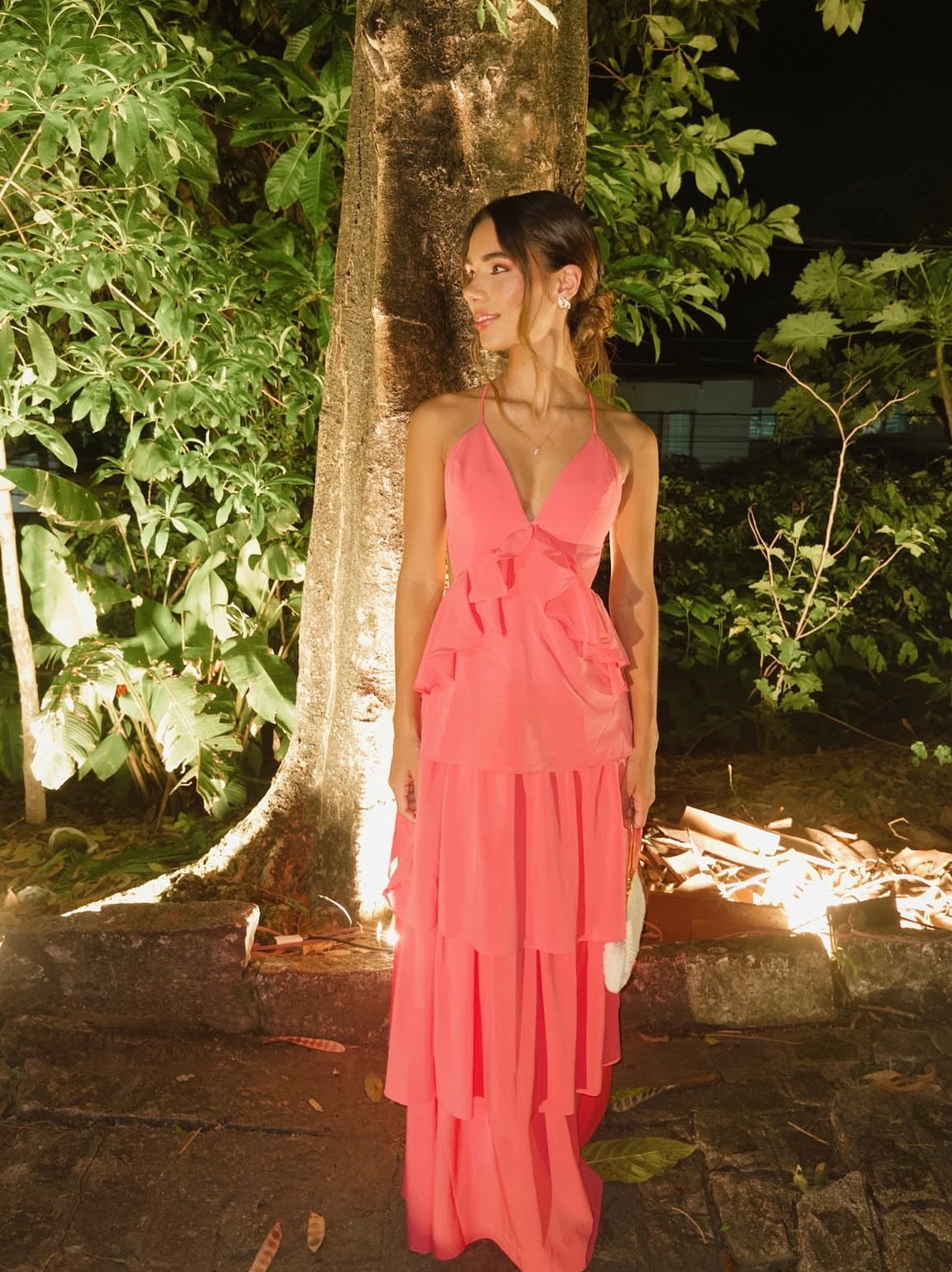 Spaghetti Strap Peach Chiffon Ruffled Wedding Guest Dress J10246