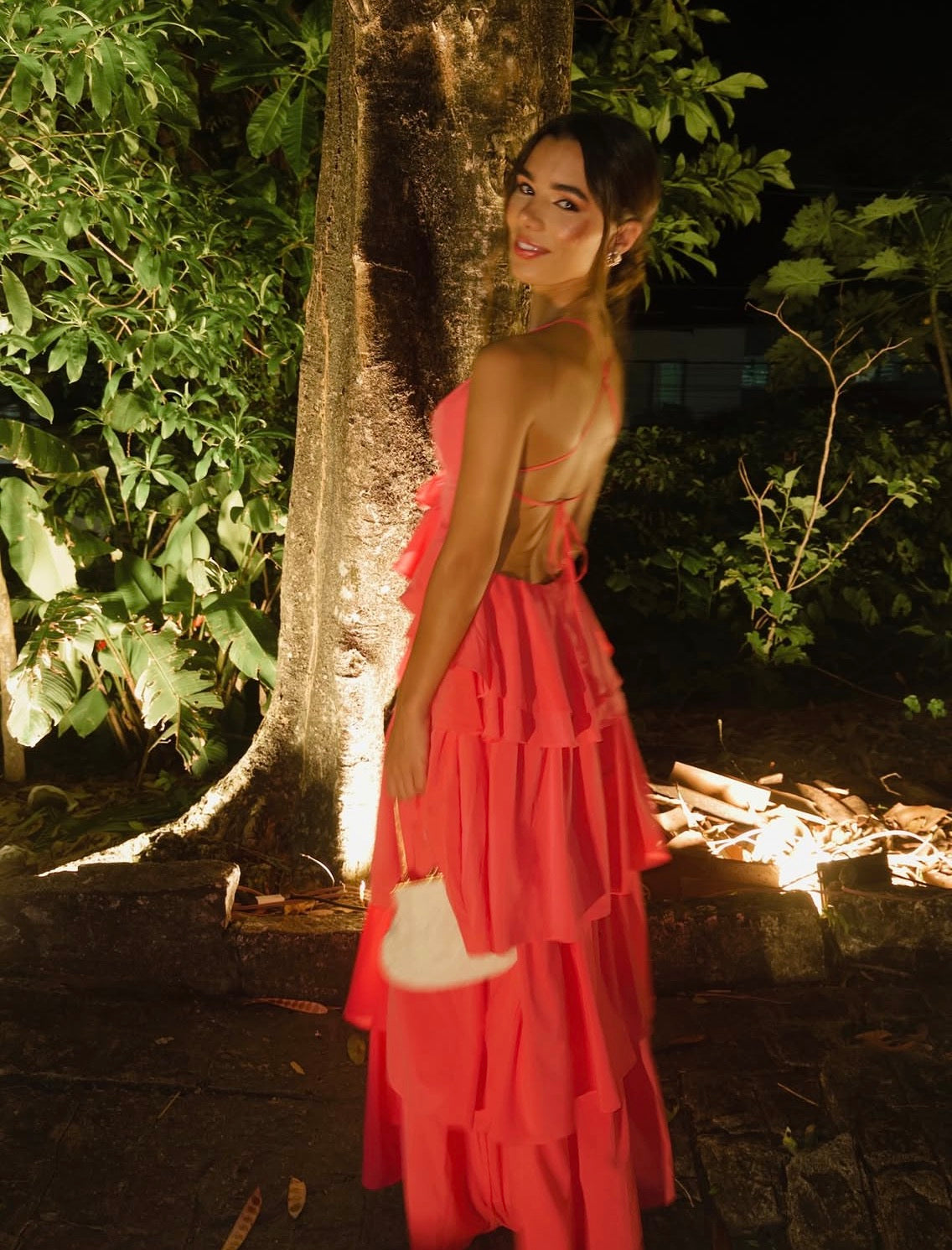 Spaghetti Strap Peach Chiffon Ruffled Wedding Guest Dress J10246