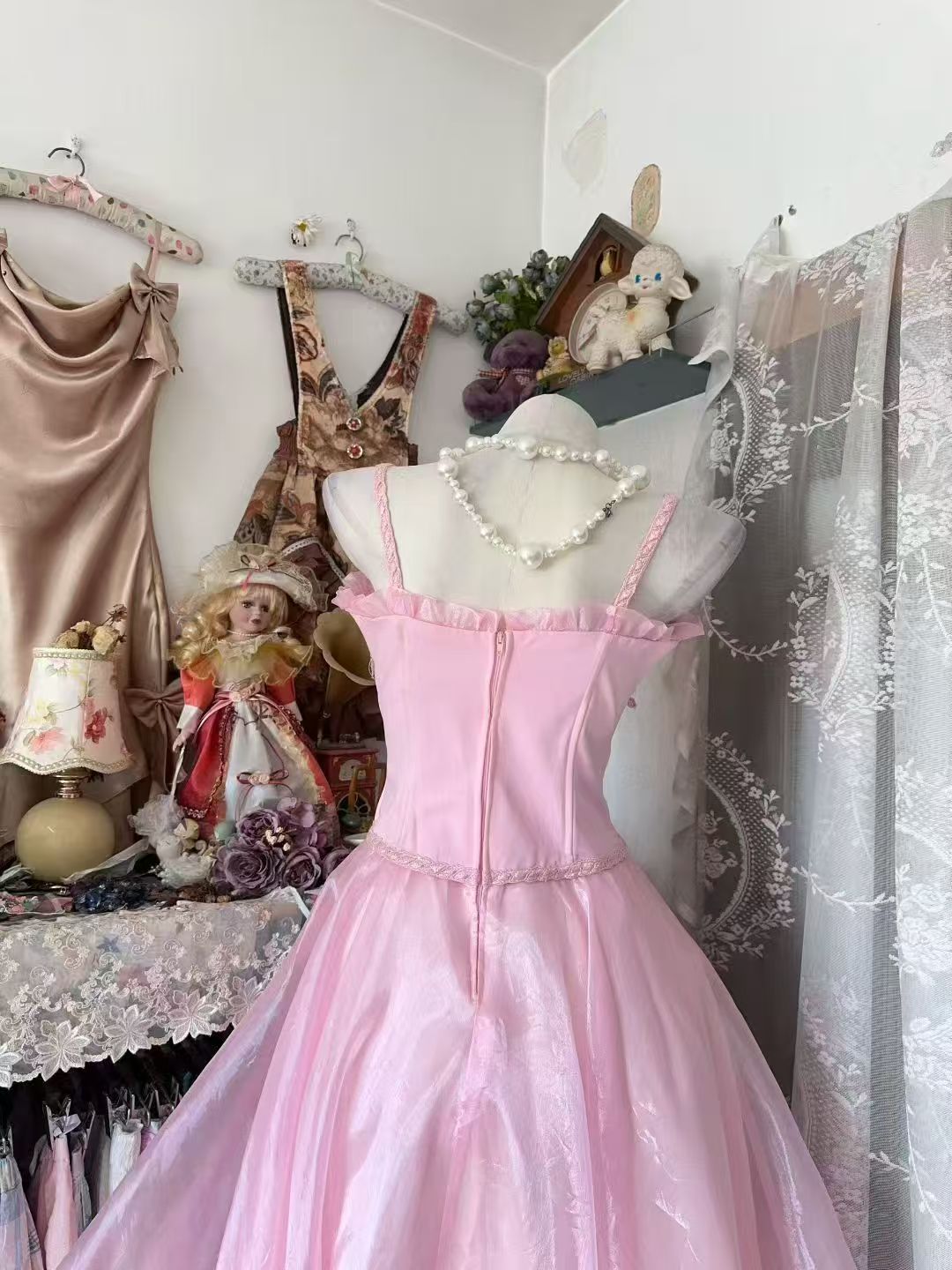 Spaghetti Strap Pink Formal Prom Dress With Applique