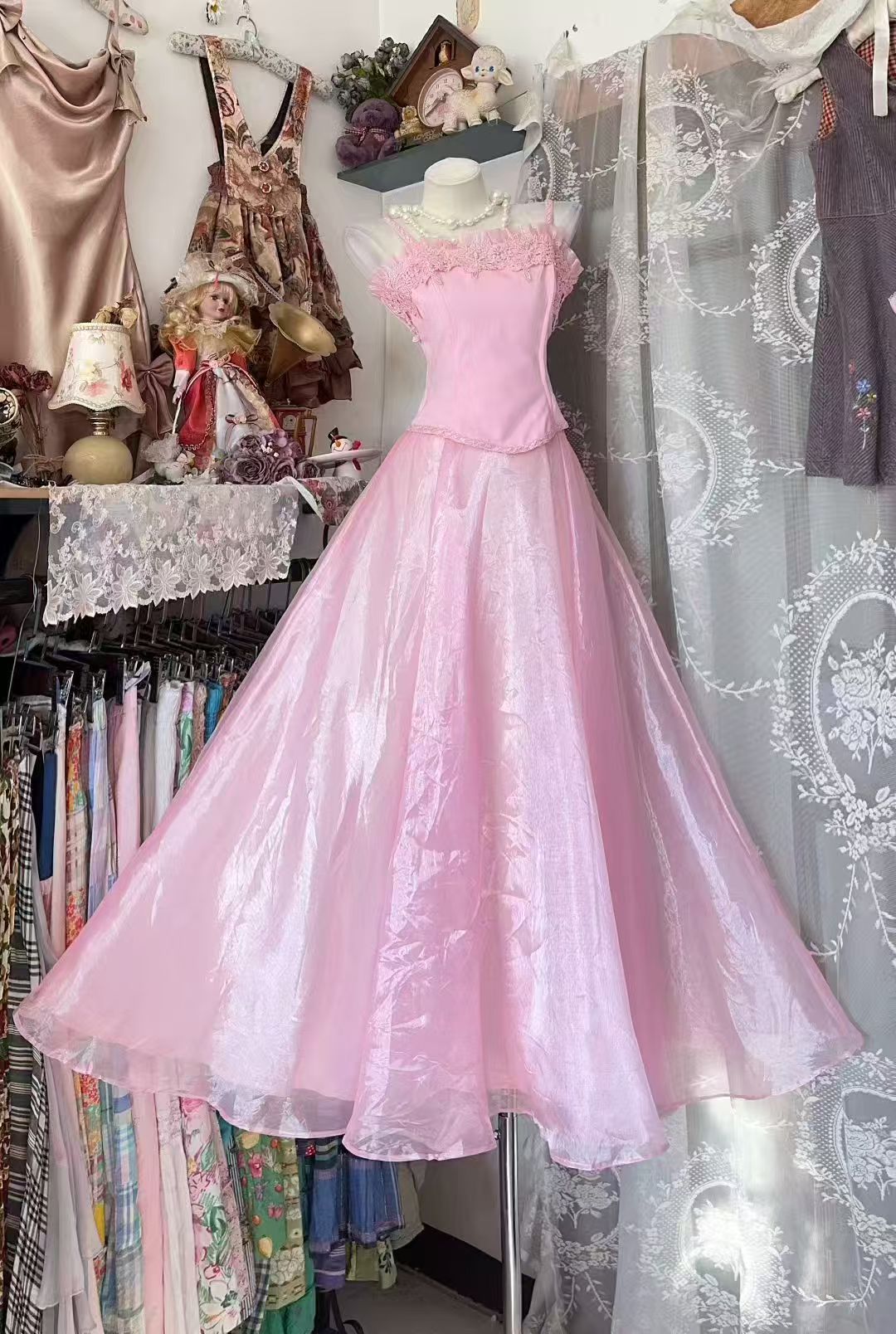 Spaghetti Strap Pink Formal Prom Dress With Applique