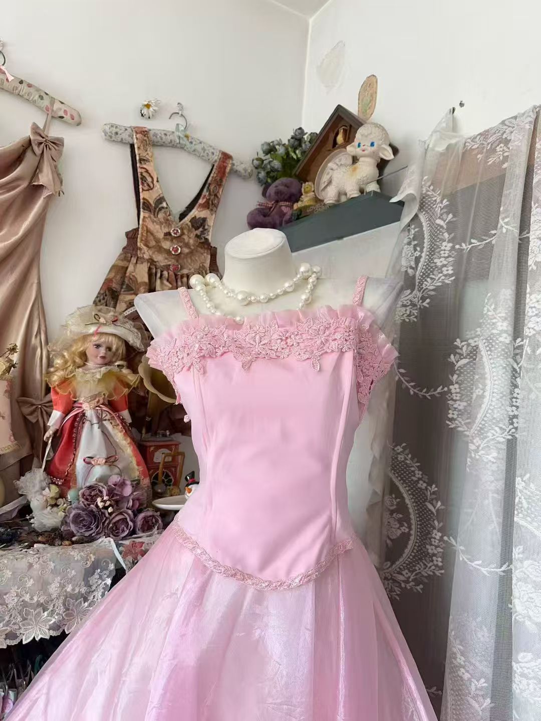 Spaghetti Strap Pink Formal Prom Dress With Applique