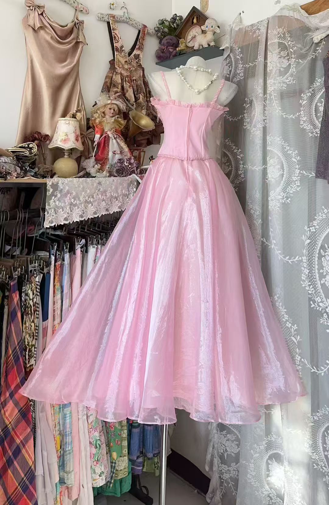Spaghetti Strap Pink Formal Prom Dress With Applique