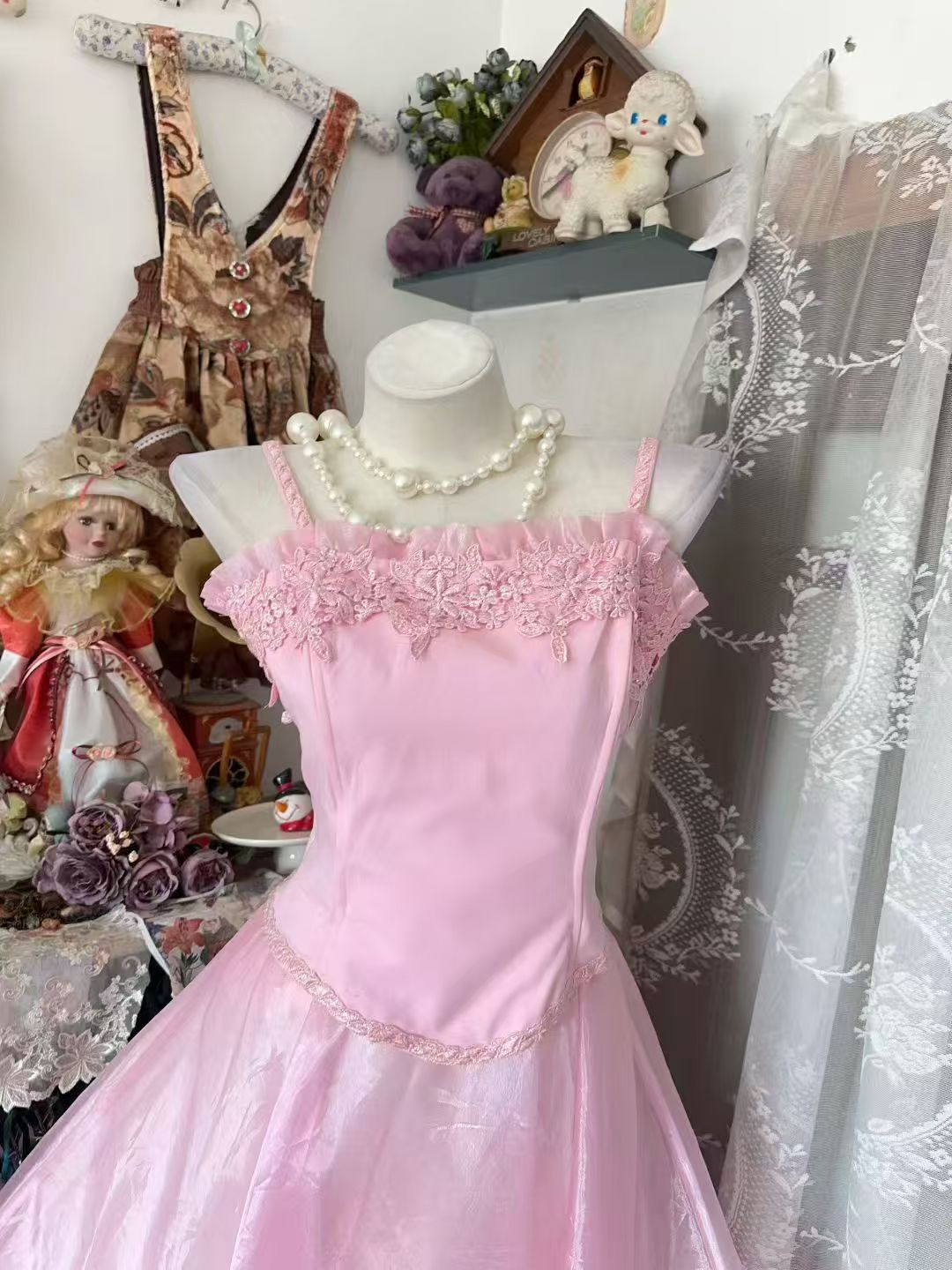 Spaghetti Strap Pink Formal Prom Dress With Applique