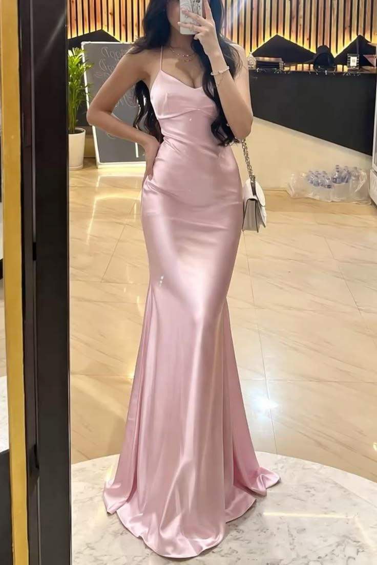 Spaghetti Strap Pink Mermaid Satin Prom Dress Open Back Evening Dress J10070
