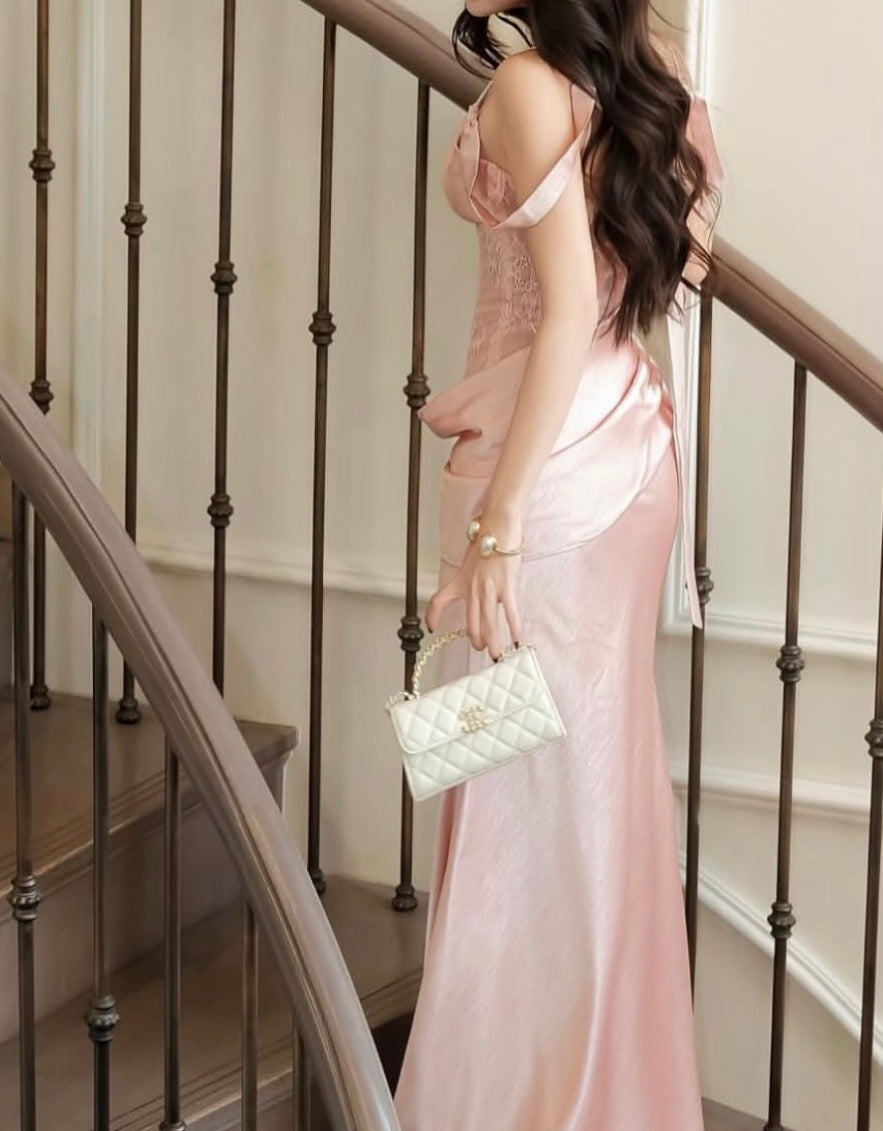 Spaghetti Strap Pink Satin Prom Dress Lace Evening Dress J9921