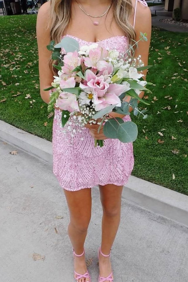 Spaghetti Strap Pink Sequin Sheath Homecoming Dress J10790