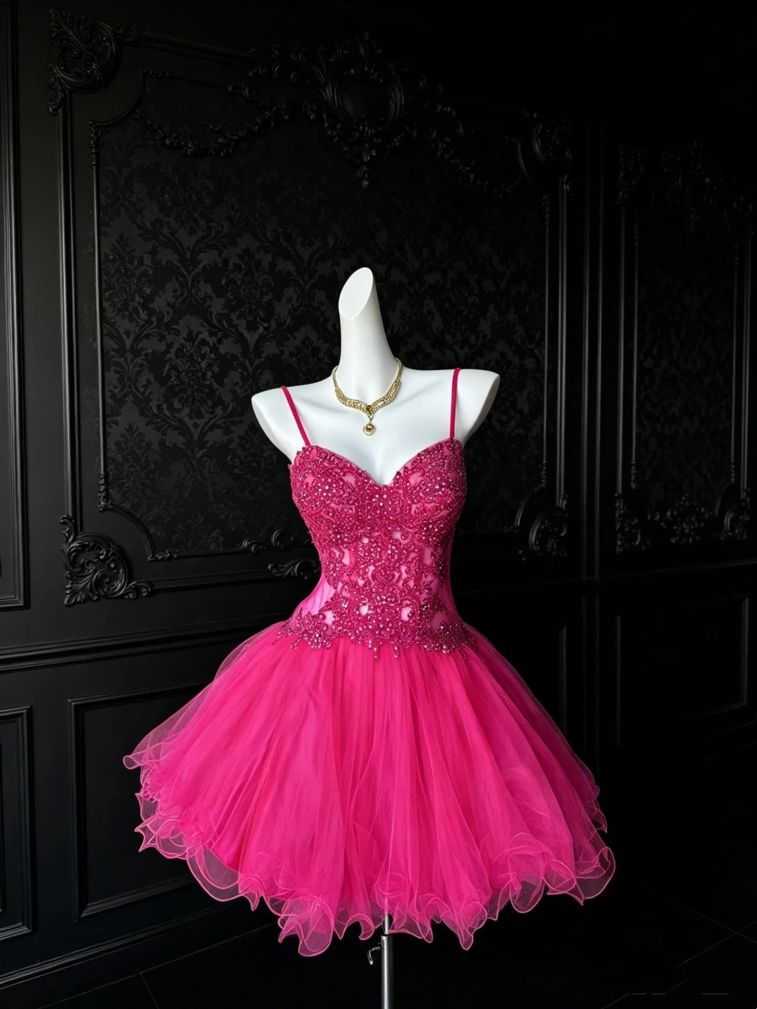 Spaghetti Strap Pink Tulle Homecoming Dress A-Line Short Birthday Dress