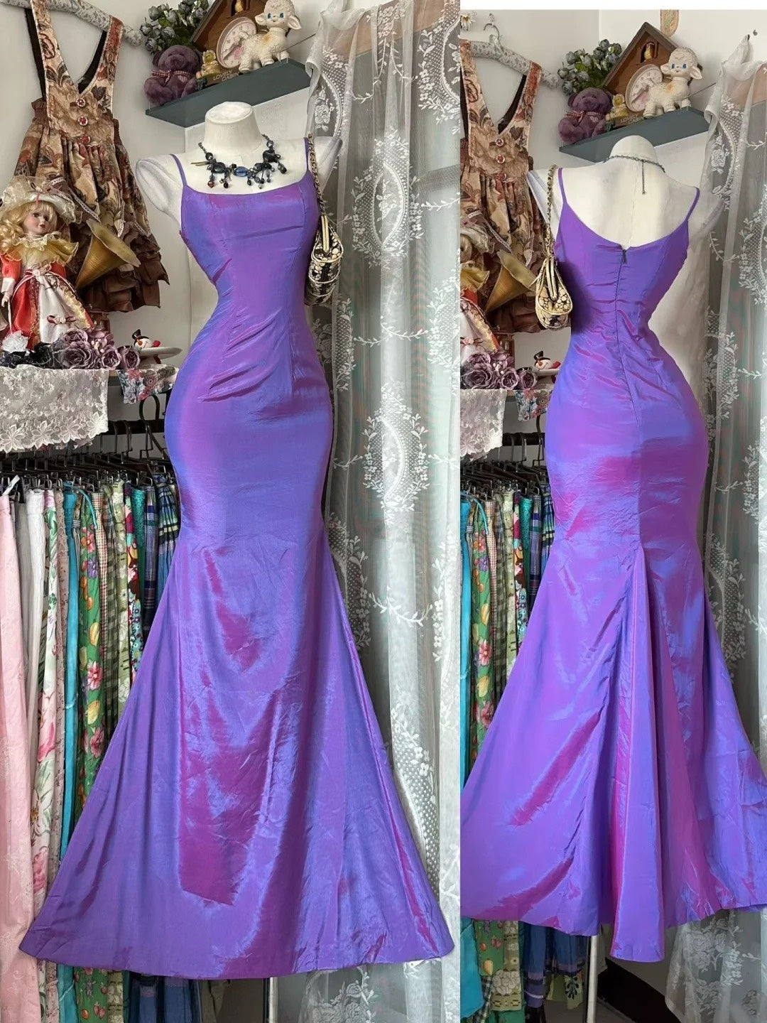 Spaghetti Strap Purple Formal Prom Dress Taffeta Mermaid Evening Dress
