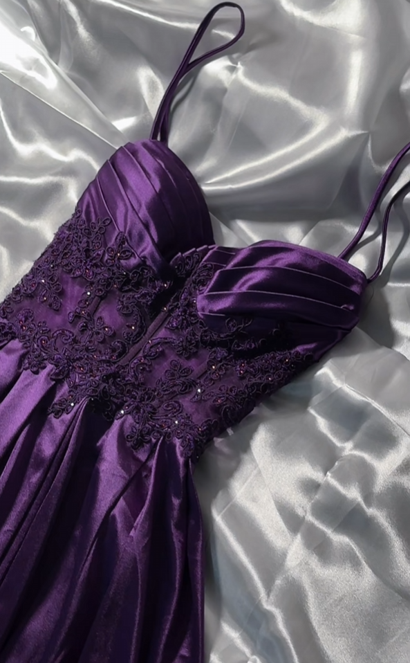 Spaghetti Strap Purple Satin A-Line Prom Dress With Appliques
