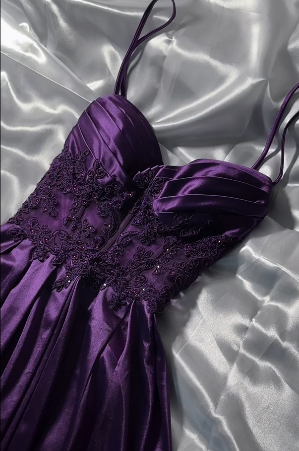 Spaghetti Strap Purple Satin A-Line Prom Dress With Appliques