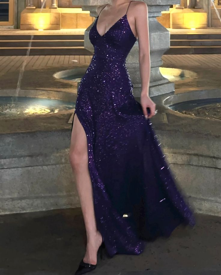Spaghetti Strap Purple Sequin Prom Dress A Line Formal Dress J9910