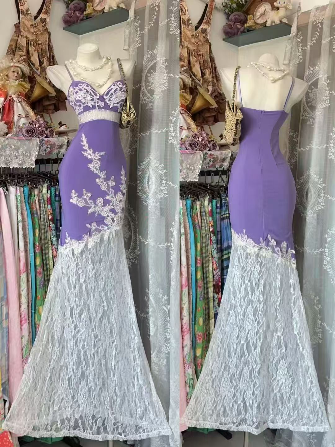 Spaghetti Strap Purple chiffon Prom Dress lace Formal Evening Dress J10680