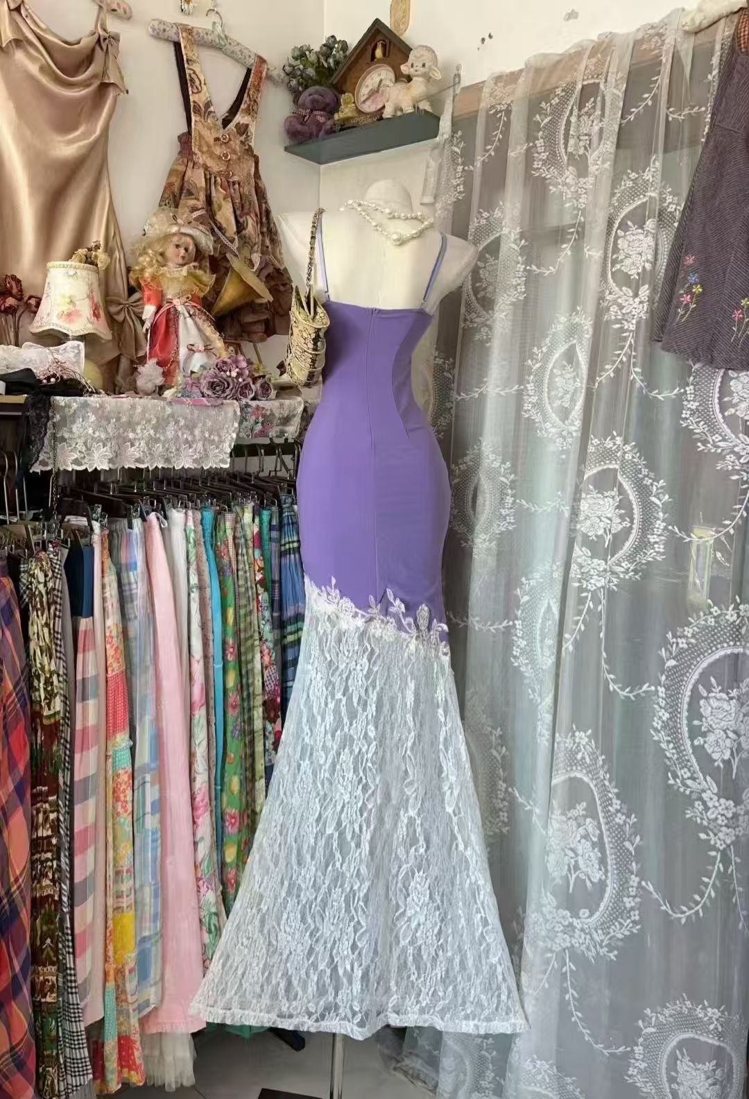 Spaghetti Strap Purple chiffon Prom Dress lace Formal Evening Dress J10680