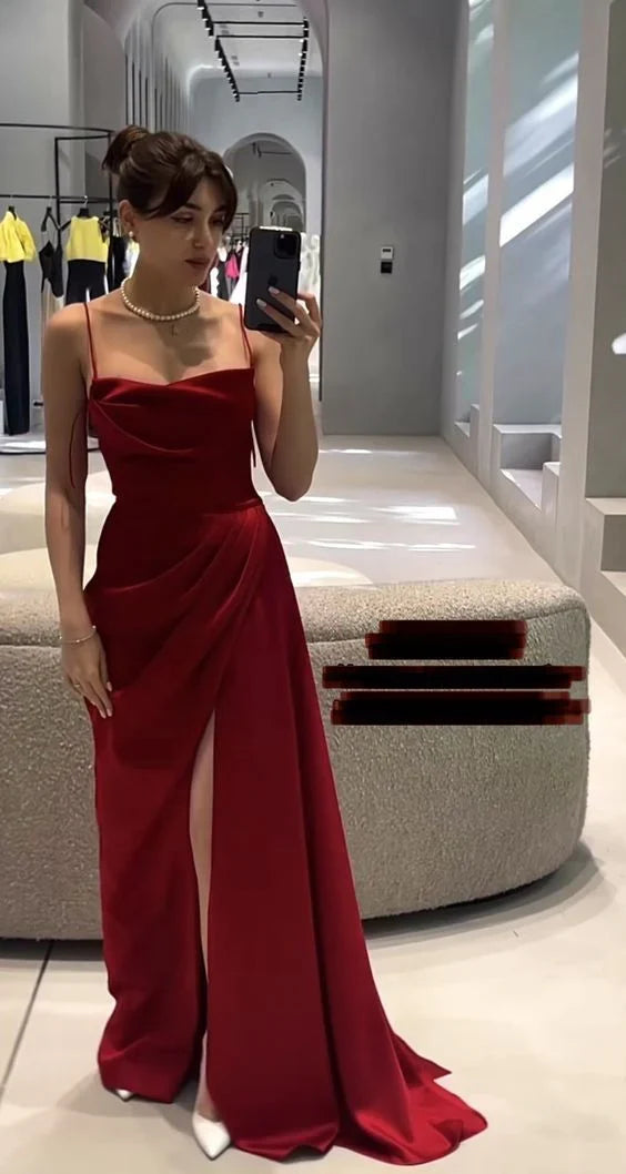 Spaghetti Strap Red Satin Prom Dress With Slit J10200