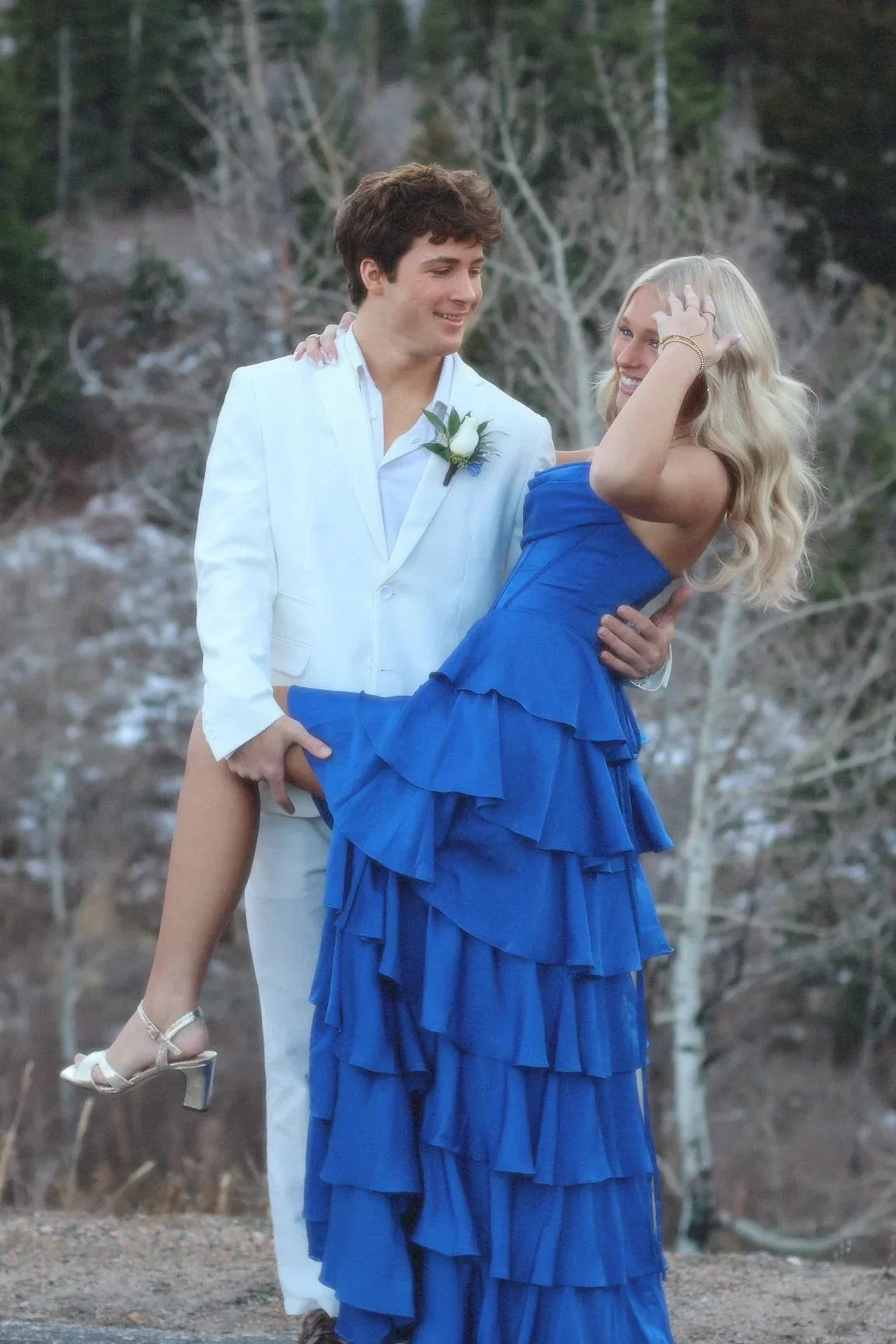 Spaghetti Strap Royal Blue Layered Prom Dress J10209