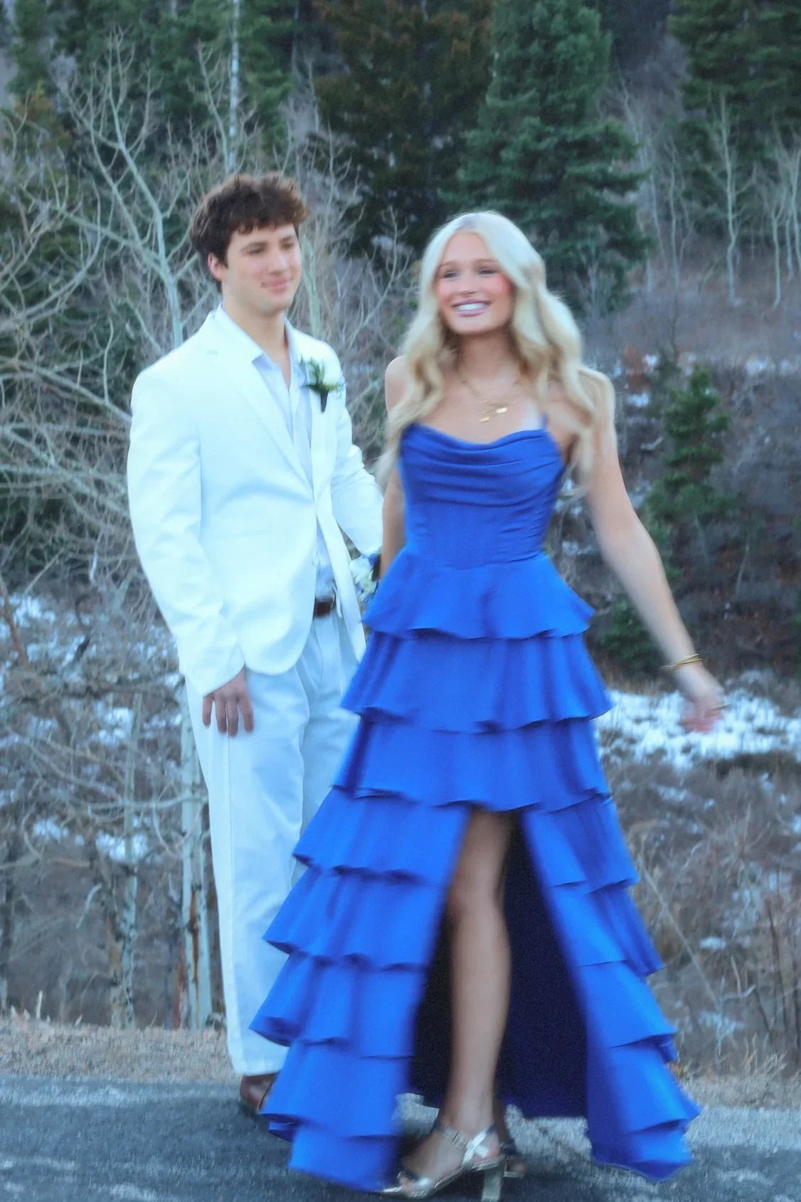Spaghetti Strap Royal Blue Layered Prom Dress J10209