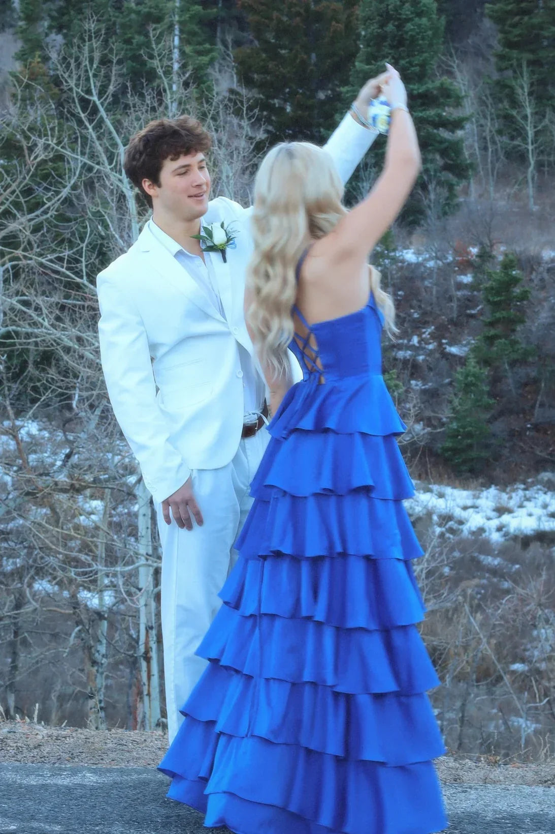 Spaghetti Strap Royal Blue Layered Prom Dress J10209