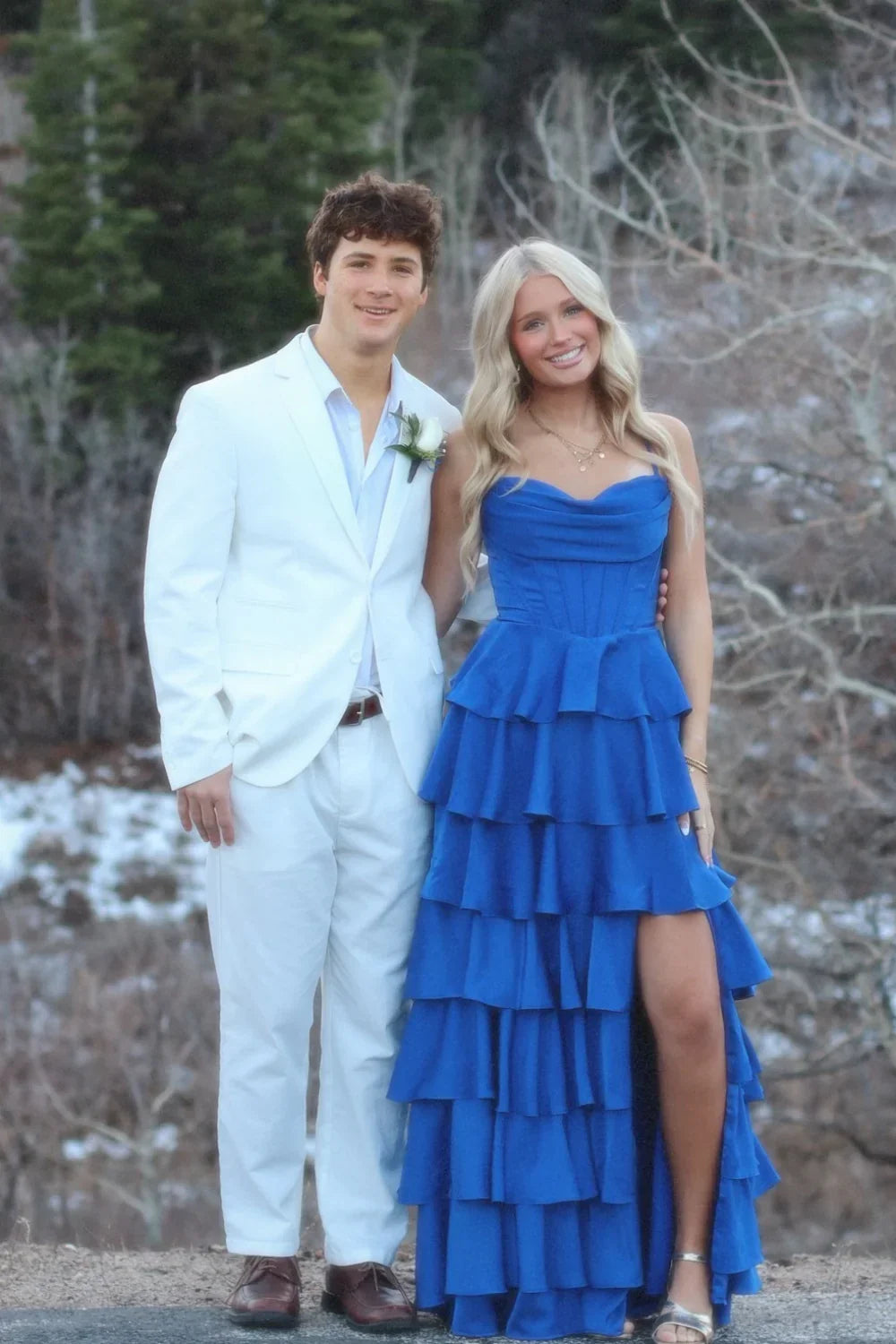 Spaghetti Strap Royal Blue Layered Prom Dress J10209