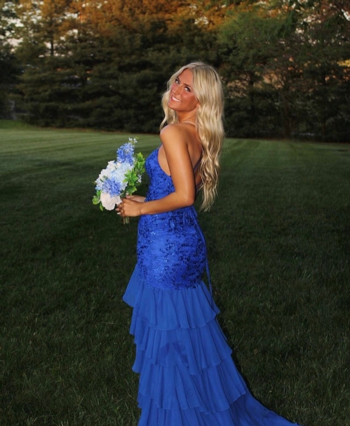 Spaghetti Strap Royal Blue Mermaid Layered Prom Dress With Slit J10447