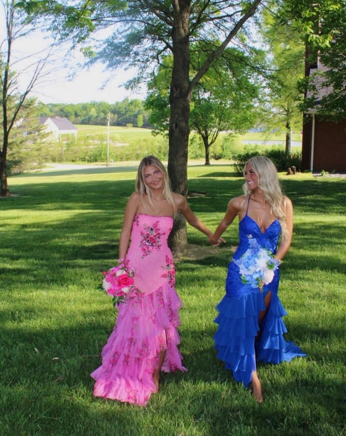 Spaghetti Strap Royal Blue Mermaid Layered Prom Dress With Slit J10447