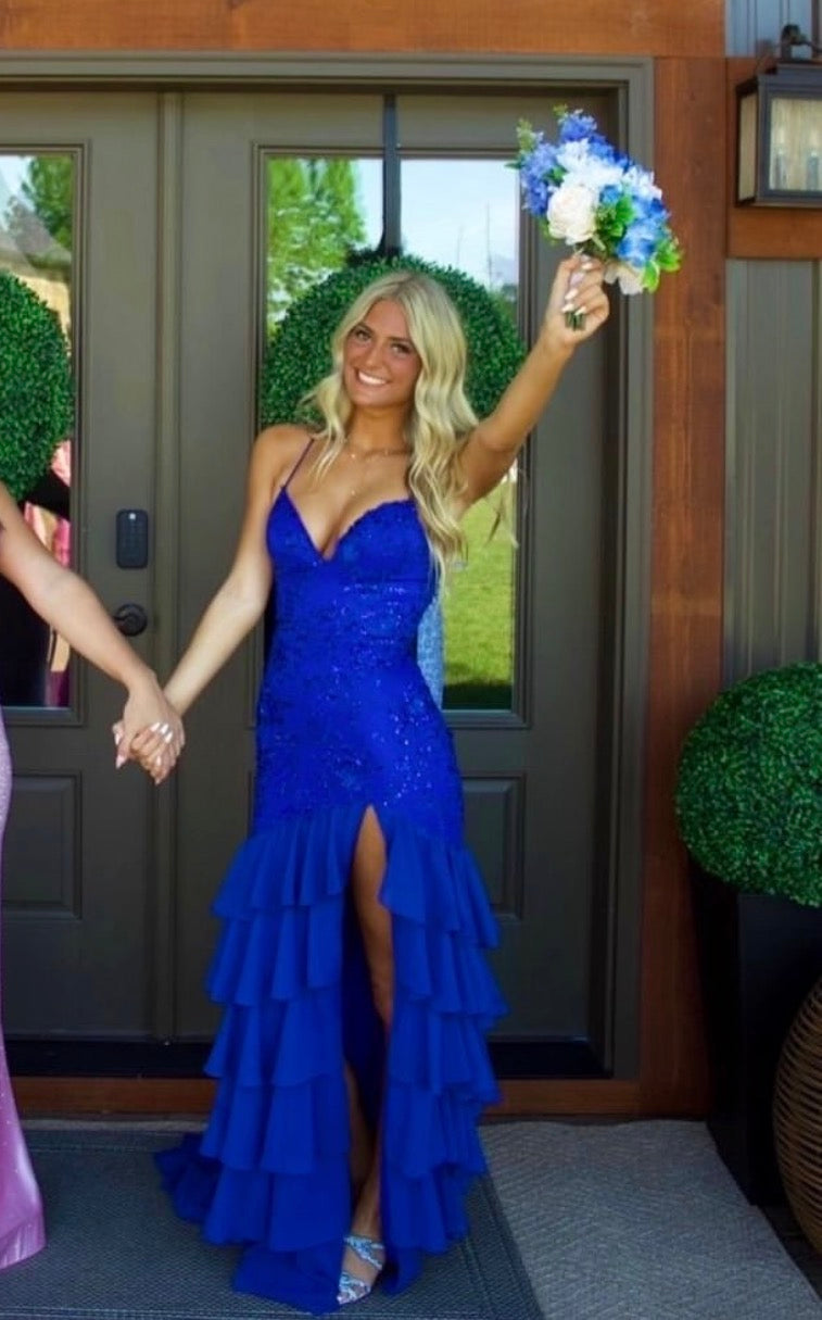 Spaghetti Strap Royal Blue Mermaid Layered Prom Dress With Slit J10447