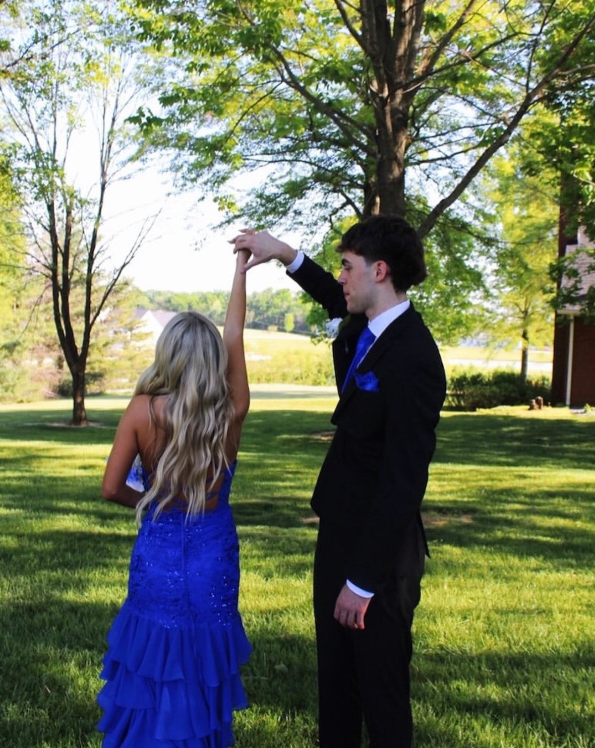 Spaghetti Strap Royal Blue Mermaid Layered Prom Dress With Slit J10447