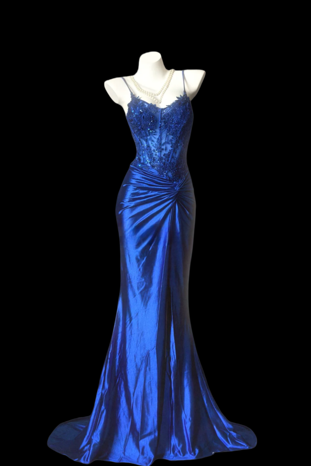 Spaghetti Strap Royal Blue Satin Prom Dress Mermaid Evening Dress With Appliques