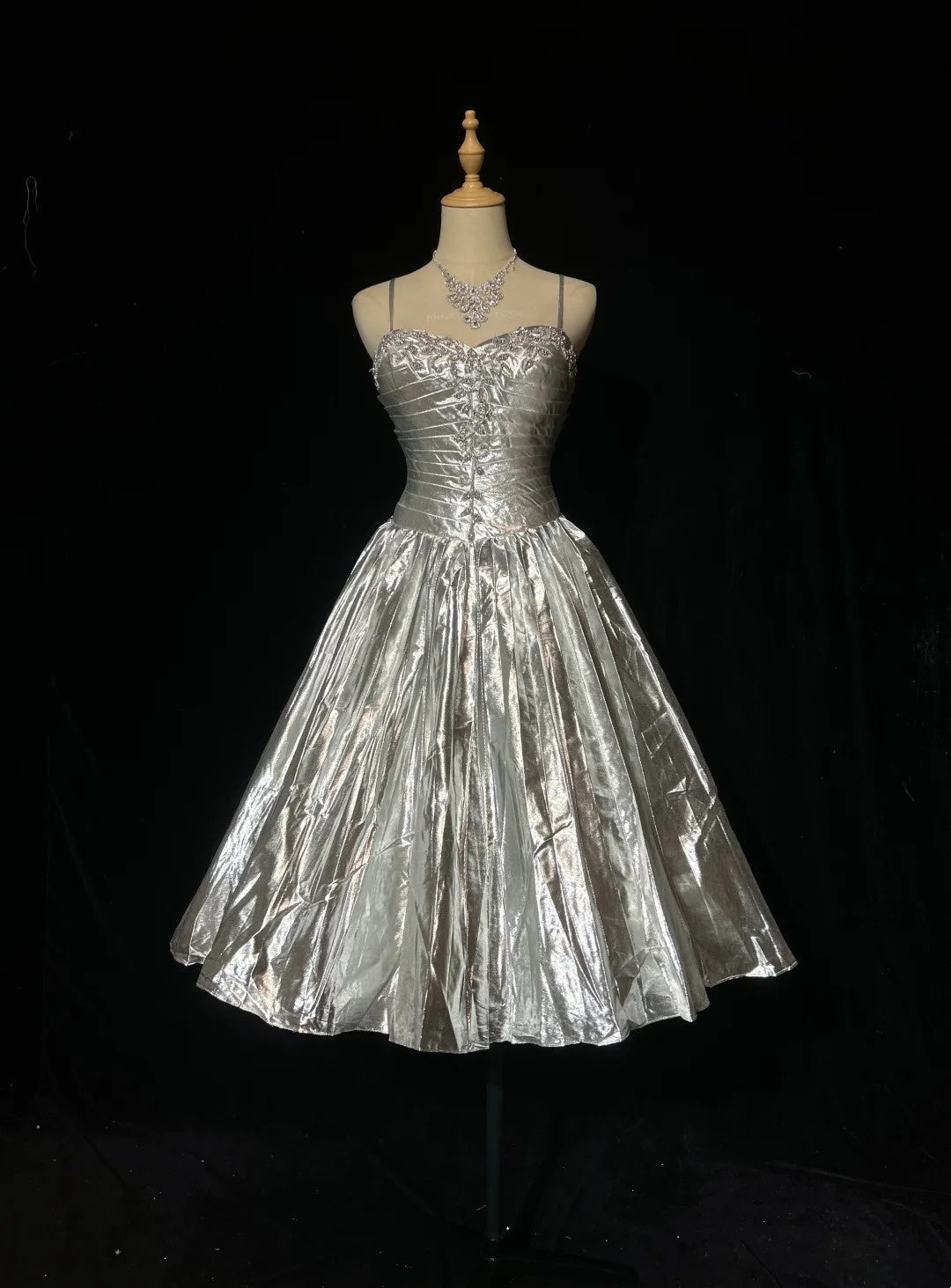 Spaghetti Strap Silver A Line Beaded Homecoming Dress J10562
