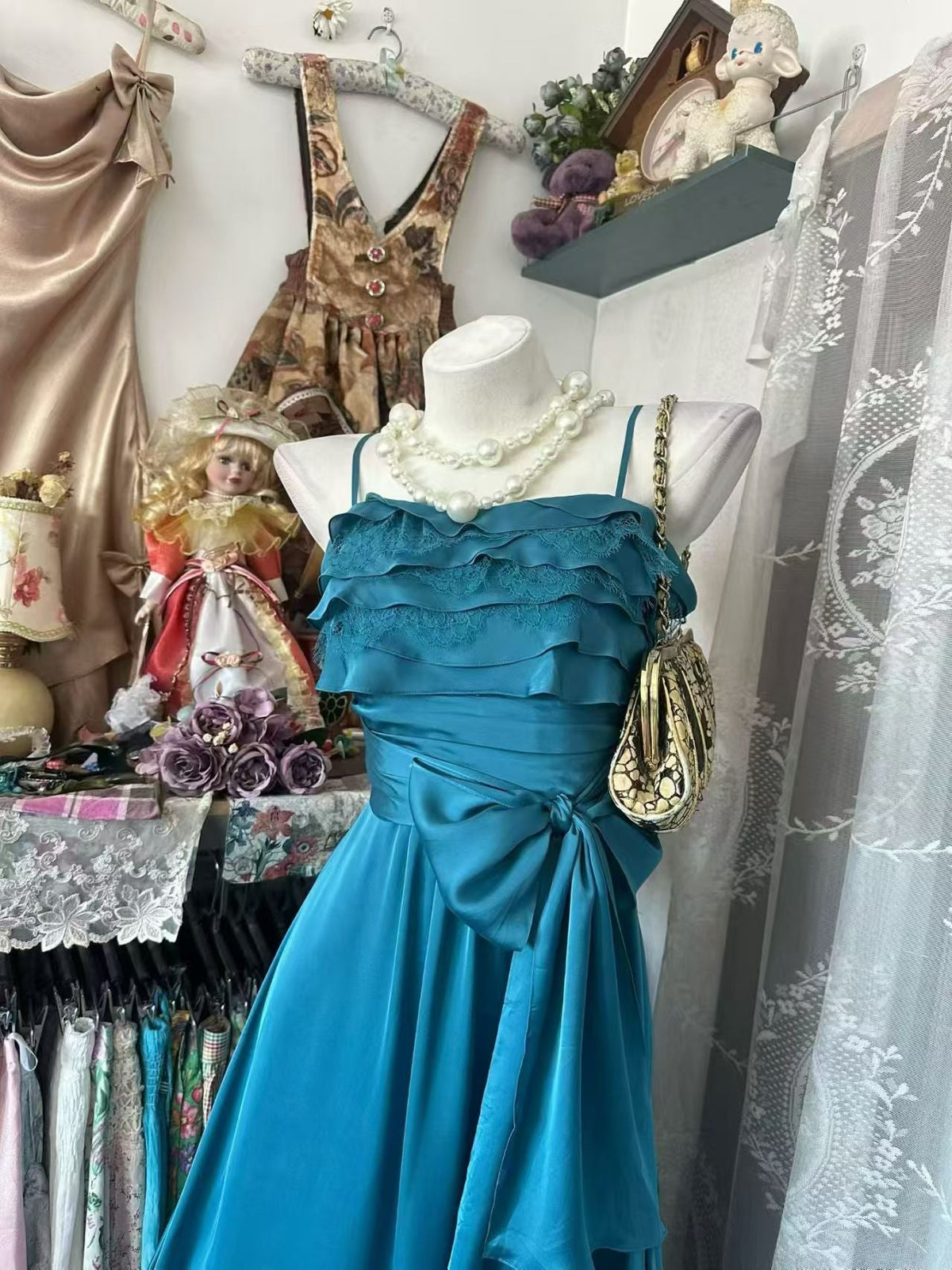 Spaghetti Strap Satin Prom Dress Ruffled Wedding Guest Dress J10681