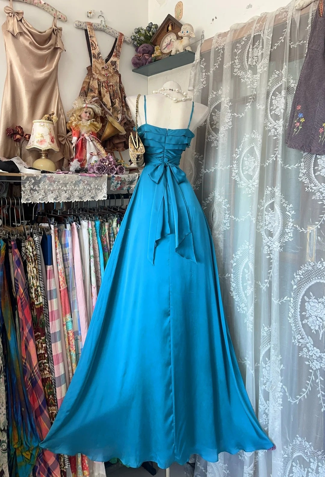 Spaghetti Strap Satin Prom Dress Ruffled Wedding Guest Dress J10681