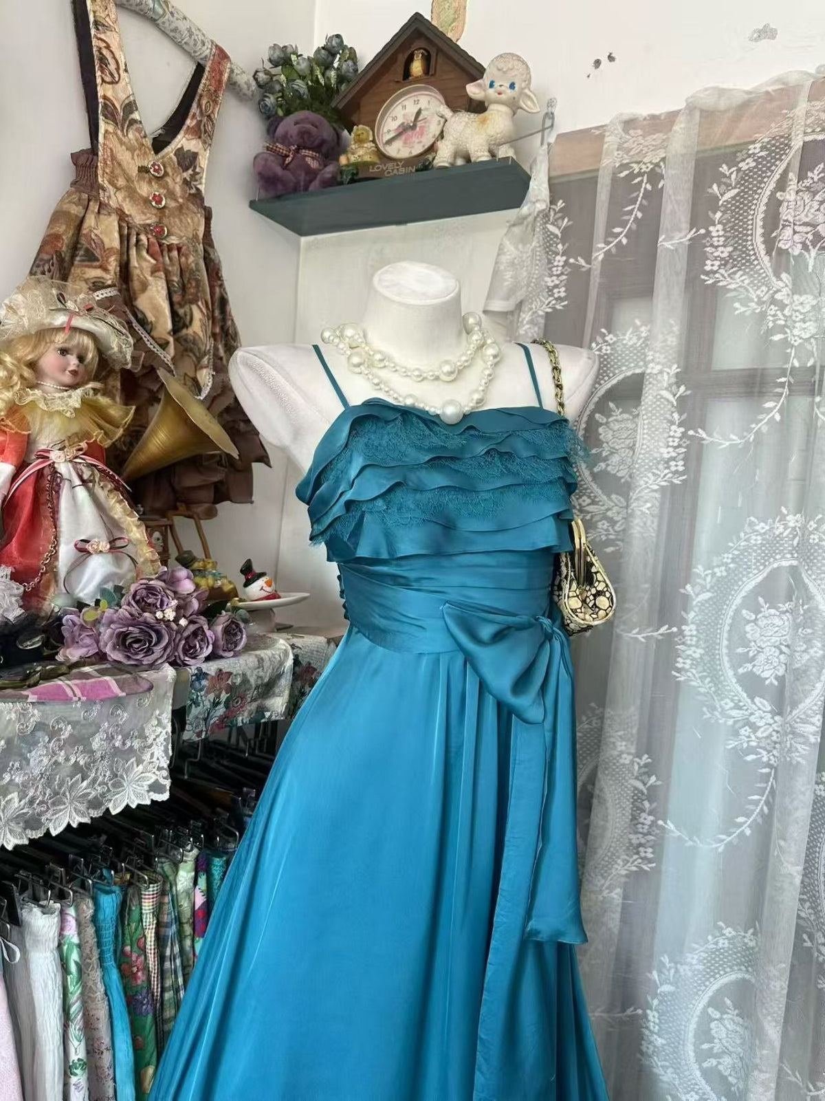 Spaghetti Strap Satin Prom Dress Ruffled Wedding Guest Dress J10681