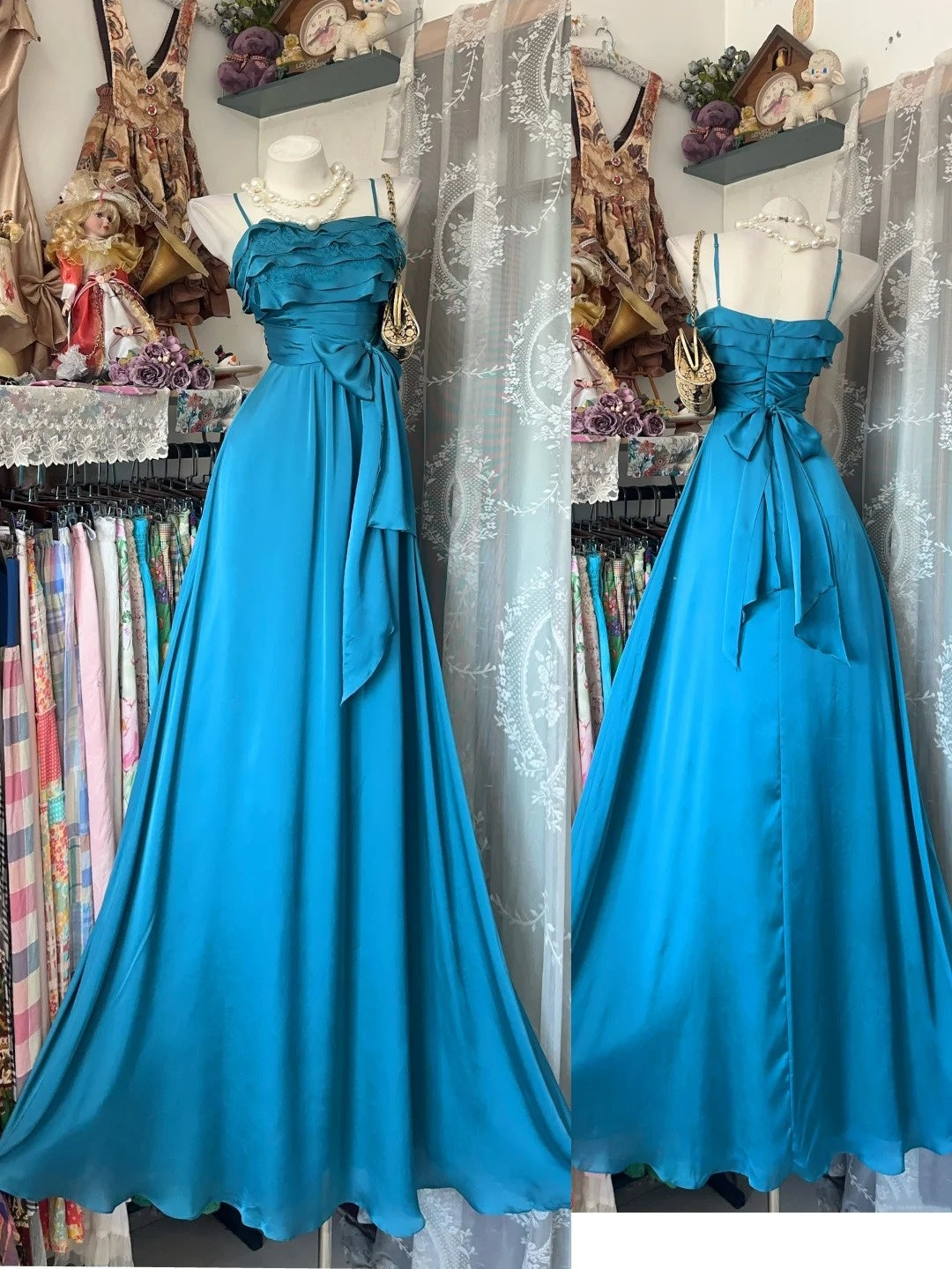 Spaghetti Strap Satin Prom Dress Ruffled Wedding Guest Dress J10681