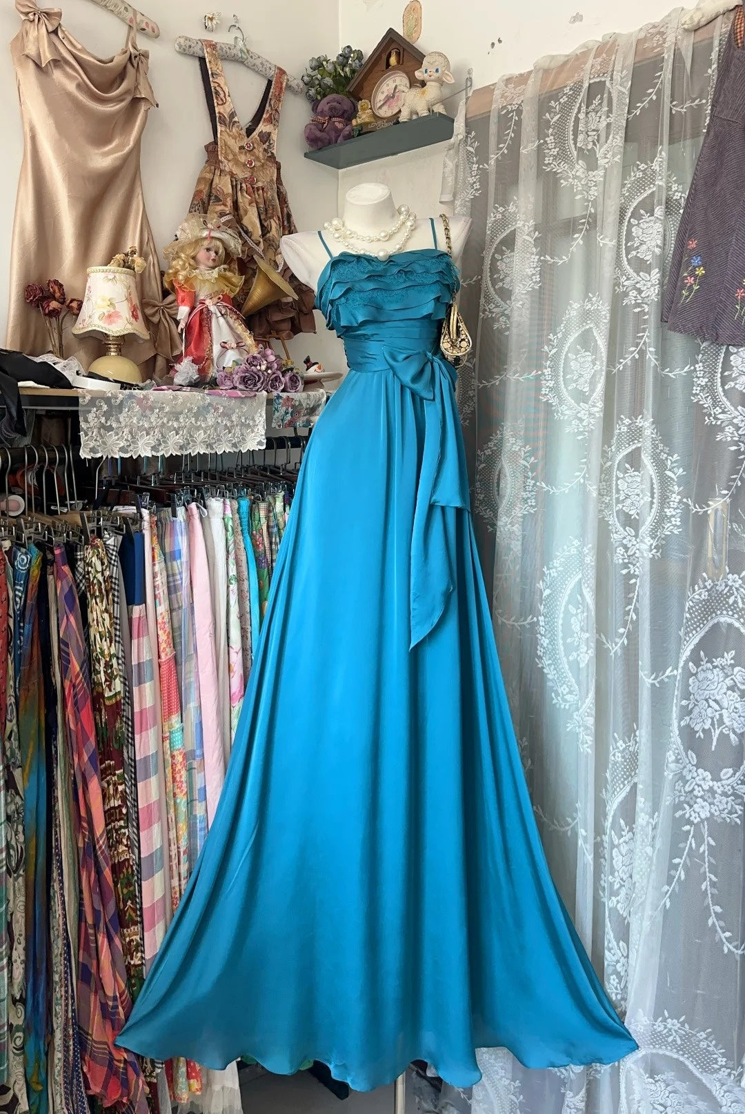 Spaghetti Strap Satin Prom Dress Ruffled Wedding Guest Dress J10681