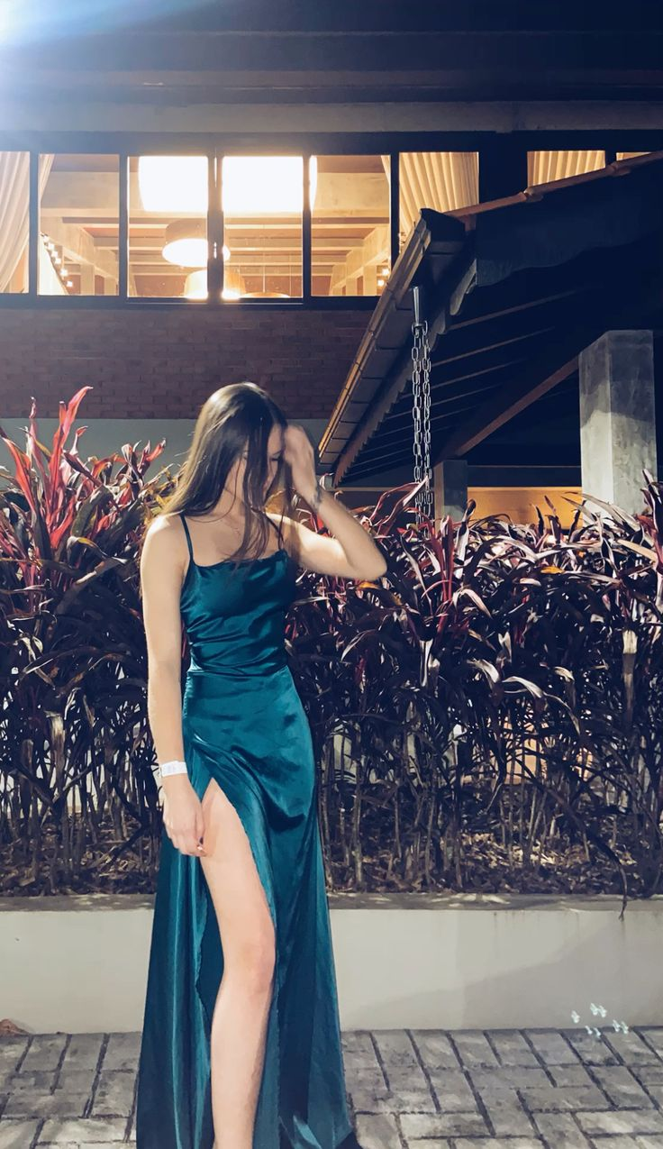 Spaghetti Strap Teal Satin Prom Dress With Slit J9966