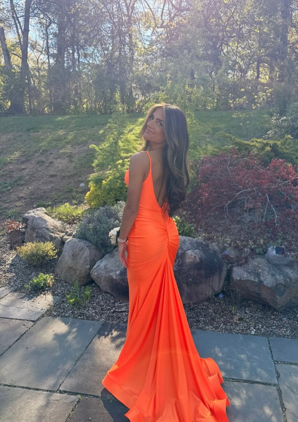 Spaghetti Strap V Neck Orange Mermaid Satin Prom Dress J10451
