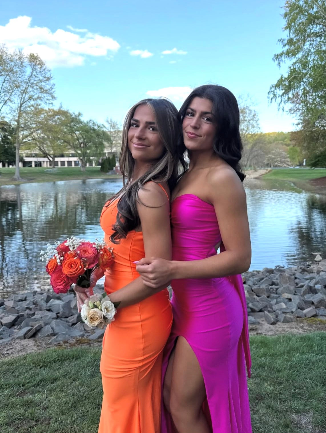 Spaghetti Strap V Neck Orange Mermaid Satin Prom Dress J10451