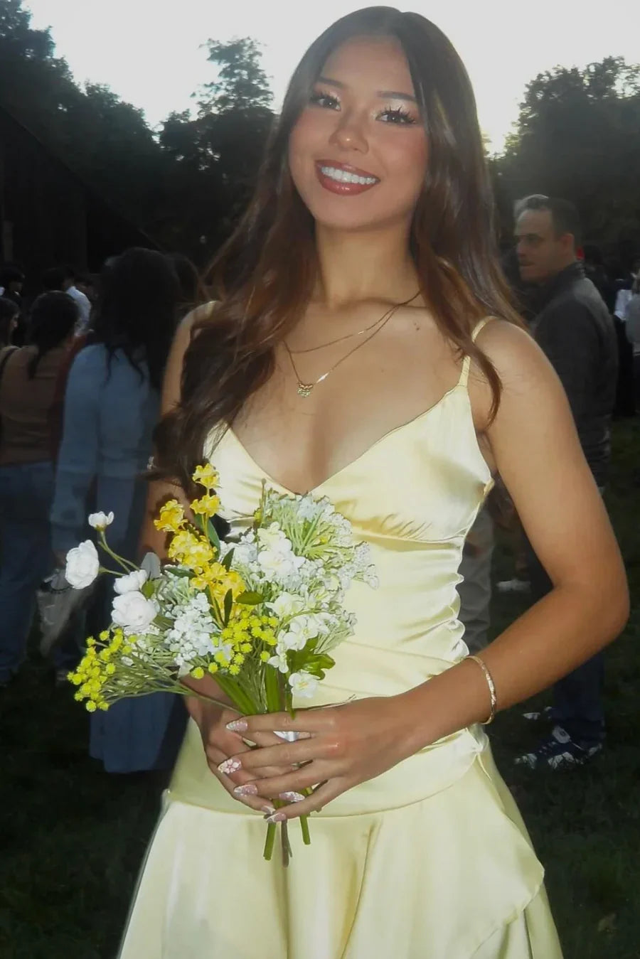 Spaghetti Strap Yellow Satin Homecoming Dress J10759