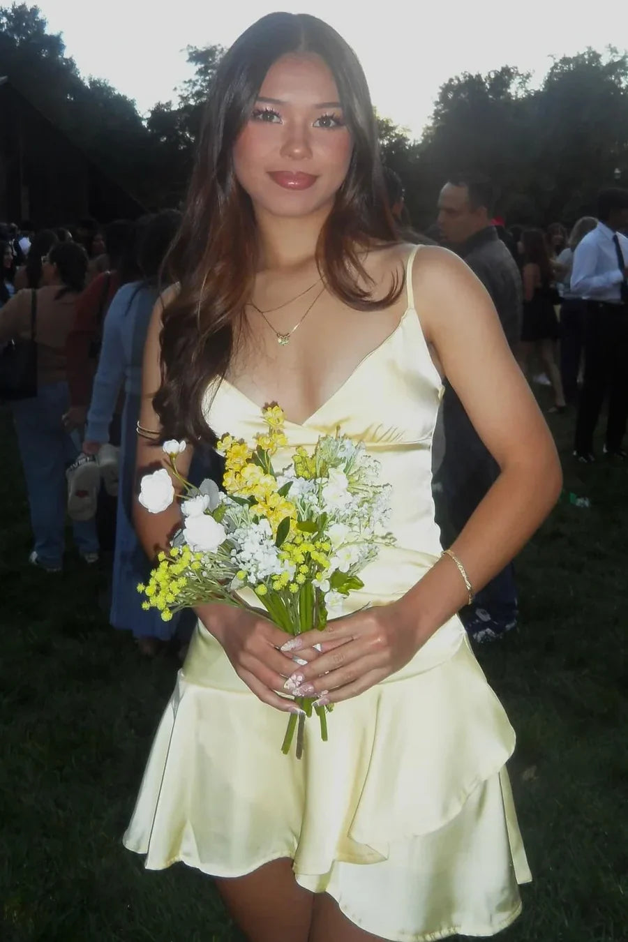 Spaghetti Strap Yellow Satin Homecoming Dress J10759