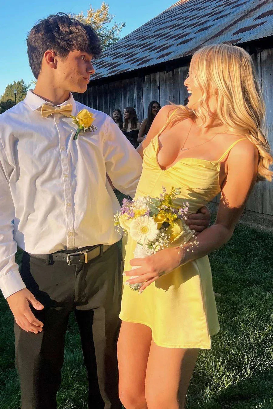 Spaghetti Strap Yellow Satin Sheath Short Homecoming Dress J10760
