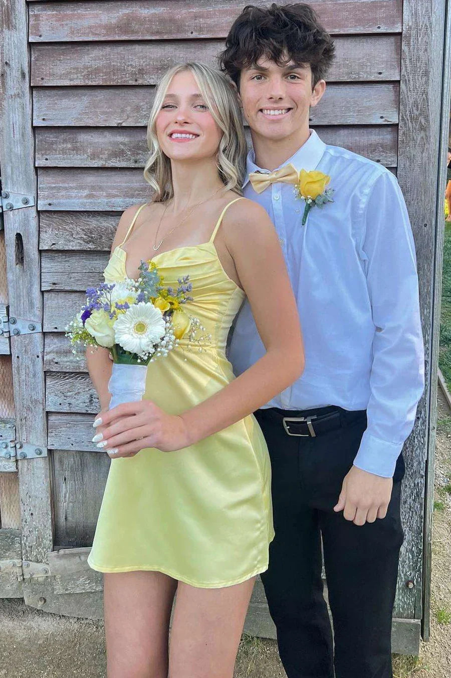 Spaghetti Strap Yellow Satin Sheath Short Homecoming Dress J10760