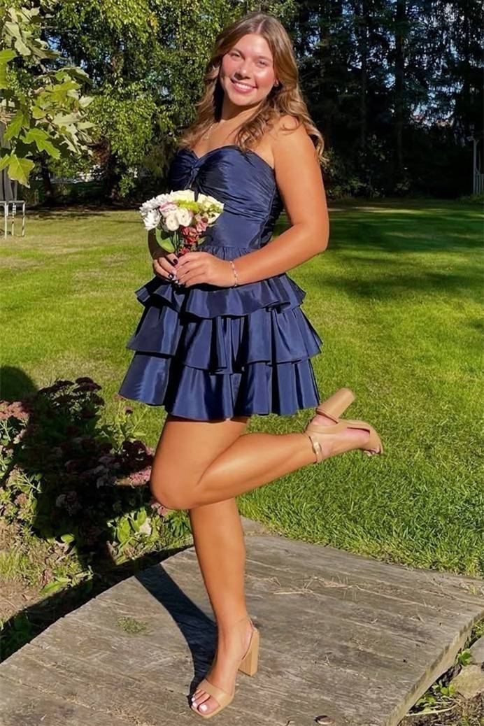 Spaghetti Straps A Line Layered Navy Blue Ruffled Homecoming Dress J11271