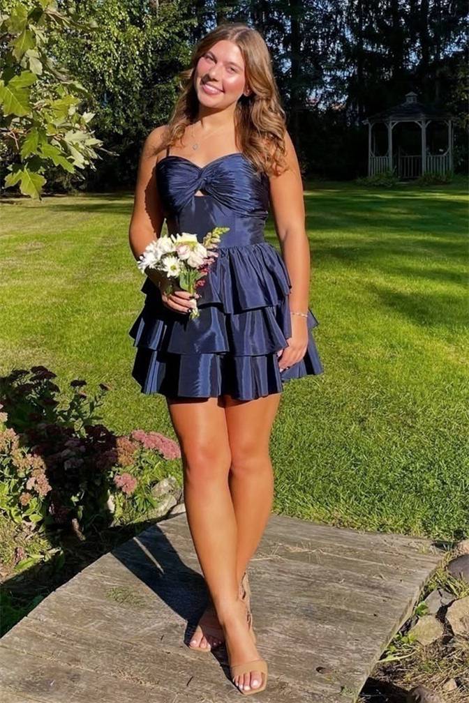 Spaghetti Straps A Line Layered Navy Blue Ruffled Homecoming Dress J11271