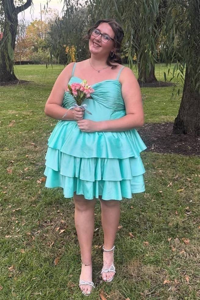 Spaghetti Straps A Line Layered Navy Blue Ruffled Homecoming Dress J11271