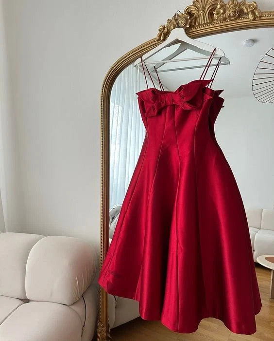 Spaghetti Straps A-Line Satin Red Homecoming Dress Short Birthday Dress