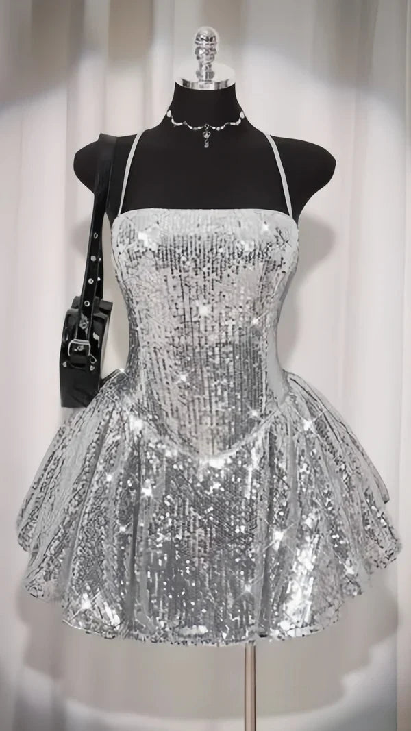 Spaghetti Straps A Line Silver Sequins Homecoming Dress J11721