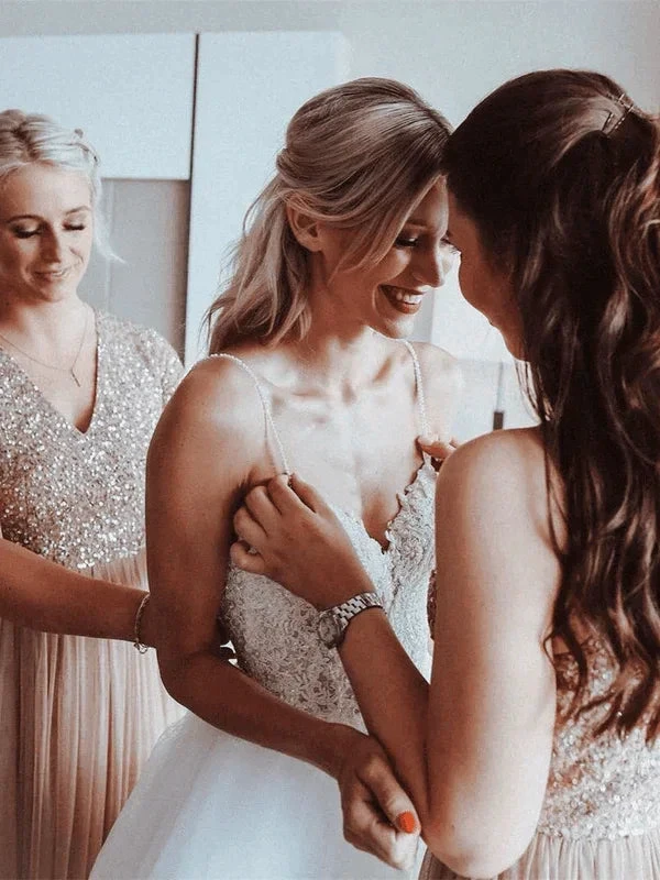 Spaghetti Straps Beaded Appliqued A-line Tulle Wedding Dresses (ZD16247)