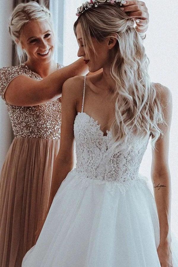 Spaghetti Straps Beaded Appliqued A-line Tulle Wedding Dresses (ZD16247)
